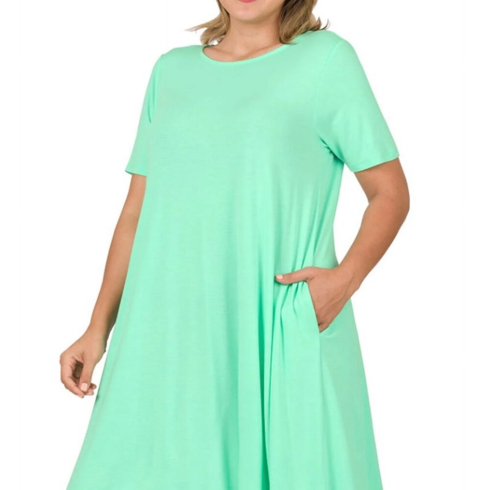 Zenana Short Sleeve Flared T-Shirt Midi Dress with Side Pockets 2X